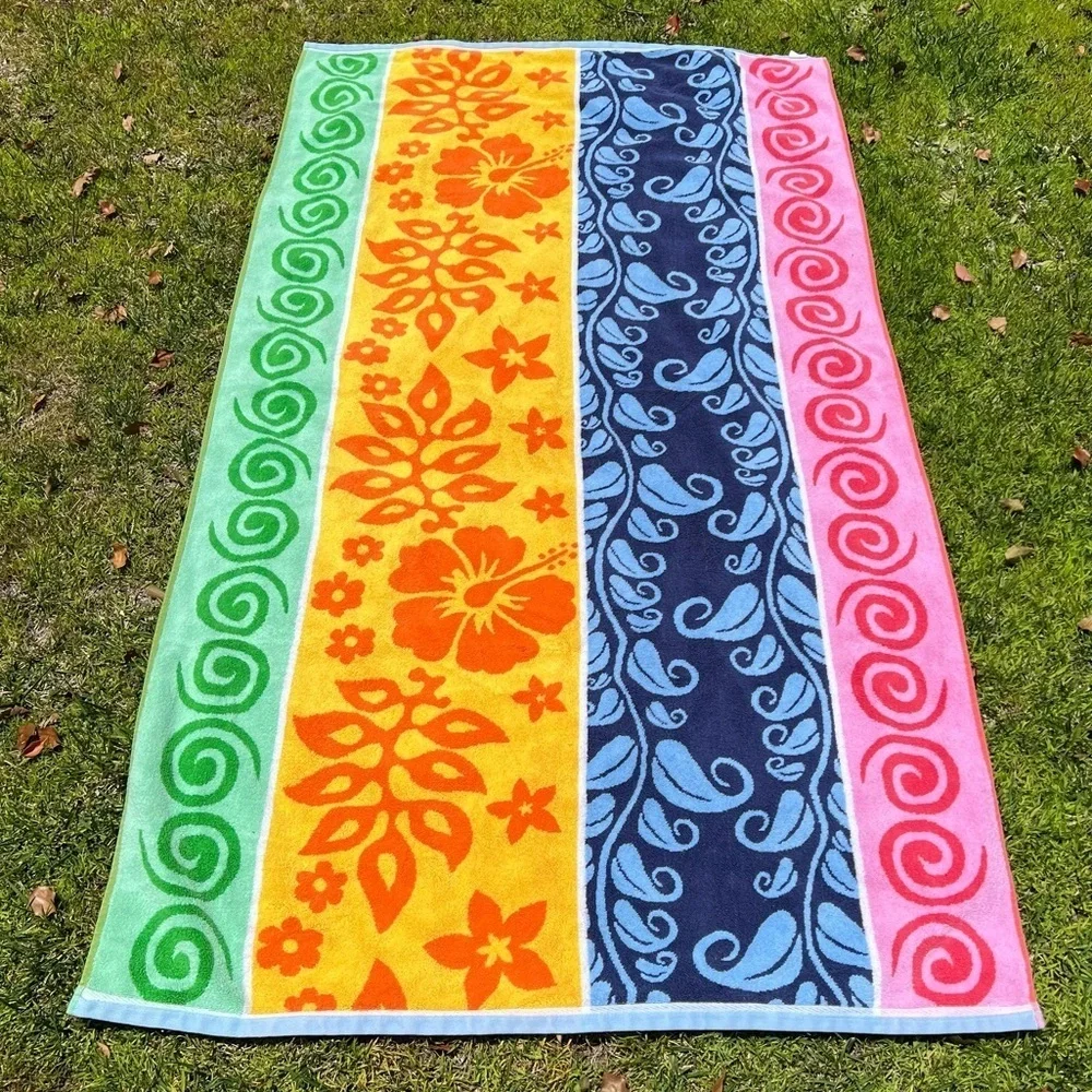 Vintage Oversized Beach Towel Bright Colorful Stripe Hibiscus Tropical 38x67 GUC